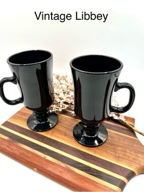 2 Libbey Black Amethyst Irish Coffee Mugs on Pedestal. Vintage 1970s